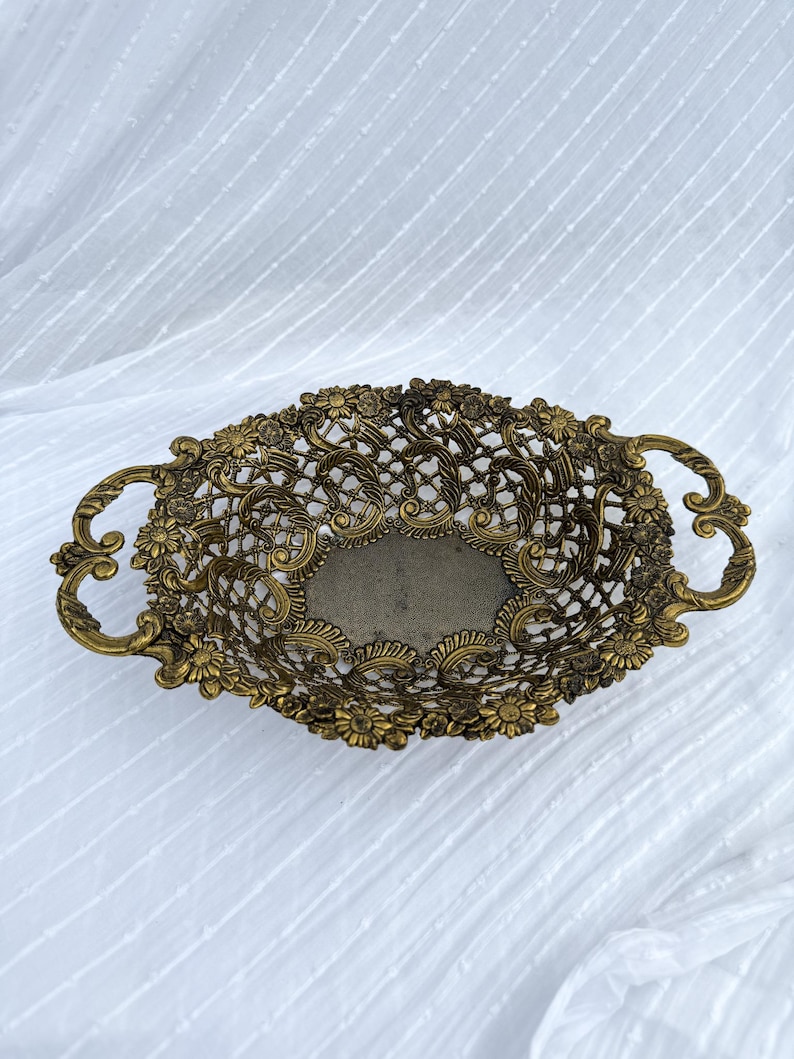 Vintage Italian brass tray with floral openwork design image 1