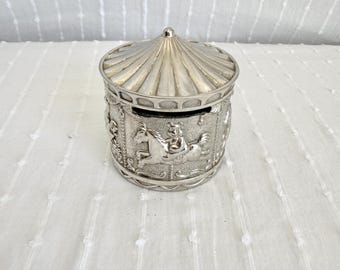 Vintage Carousel Coin Bank, Silver Tone Merry-Go-Round Savings Box