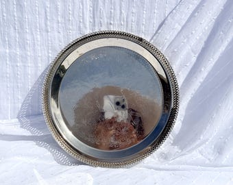 Vintage Metal Serving Tray with Pierced Rim and Engraving