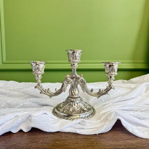 Vintage Silver Tone Candelabra | Ornate 3 Arm Candle Holder | Rococo Style Table Decor