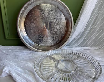 Vintage Silver Plated Serving Tray with Glass Insert | Divided Serving Platter | 33.5 cm
