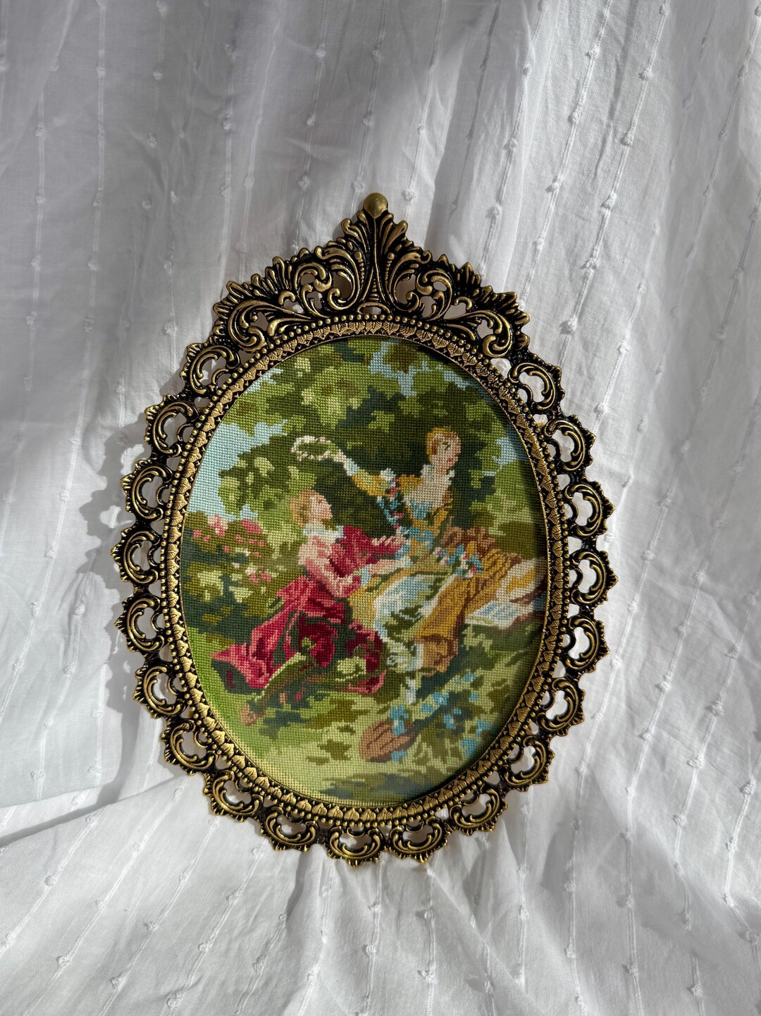 Vintage Needlepoint Wall Art in Ornate Brass Frame | Romantic Pastoral ...