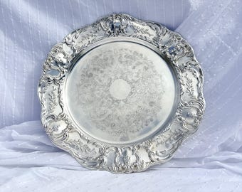 Vintage Ornate Silver Plated Tray with Wide Decorative Rim