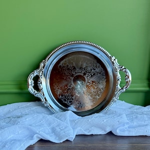 Vintage Silver Plate Round Serving Tray with Ornate Handles