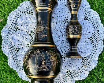 Set of 2 Vintage Brass Vases with Engraving