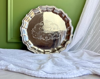 Vintage Ranleigh Silver Plated Serving Tray | Engraved "Happy Anniversary" Scalloped Border