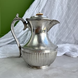 May include: A silver-toned metal jug with a curved handle and a hinged lid topped with a small, circular, cream-coloured finial. The lower body of the jug features vertical fluted detailing, while the spout has a fan-like design.