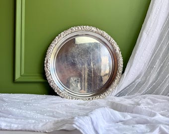 Vintage Hecworth Silver Plated Round Serving Tray | Old Sheffield Reproduction | Ornate Gallery Edge
