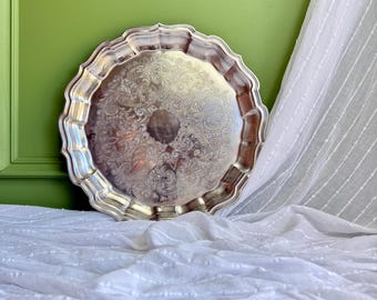 Vintage Silver Plated Round Serving Tray | Ornate Scalloped Gallery Tray | 31.5 cm