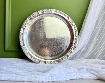 Vintage Silver Plated Round Serving Tray | Ornate Engraved Gallery Tray | 32 cm