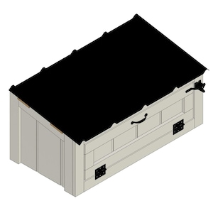 Può includere: Vista isometrica di un piccolo capanno grigio chiaro con tetto nero. Il capanno ha una porta, una maniglia e cerniere nere. Il tetto ha una leggera sporgenza. Il design è semplice e geometrico.