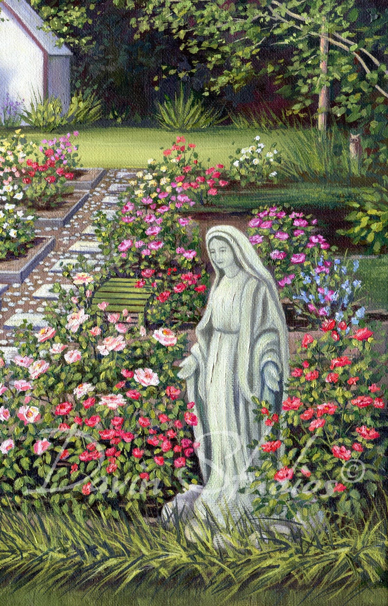 Rose Garden Garden of Roses Statue of Virgin Mary Signed Art Etsy