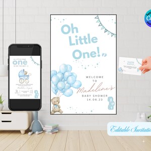 BLUE Editable Baby Boy Shower Template Bundle/Teddy Bear Blue Invitation/Welcome Sign & Diaper Raffle/Canva Template, Instant Download