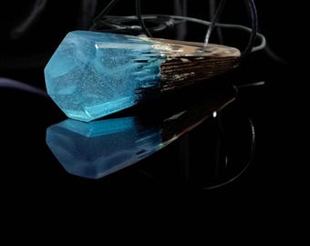 Handmade Blue Epoxy & Walnut Wood Pendant Necklace – Resin Wood Jewelry – Lucky Gif