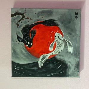 Peinture de poissons koi noir et blanc - art zen et Yin et Yang - décoration murale