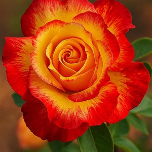 May include: A close-up of a vibrant rose with a gradient of colours. The petals transition from a bright yellow centre to a fiery red edge. Green leaves provide a natural backdrop, highlighting the rose's beauty.