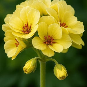 Può includere: Primo piano di un gruppo di fiori di geranio giallo brillante con centri rossi. I petali sono delicati e stratificati. Due boccioli non aperti sono visibili sullo stelo verde su uno sfondo verde sfocato.