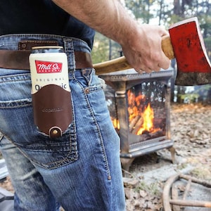 Leather Beer Holster for Your Belt Handmade Leather Beer Belt Holder for Camping, Fishing, and Hunting image 1
