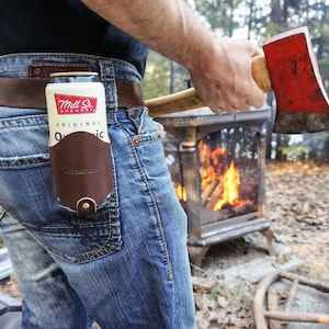 Leather Beer Holster for Your Belt - Handmade Leather Beer Belt Holder for Camping, Fishing, and Hunting