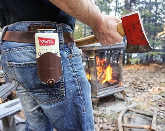 Leather Beer Holster for Your Belt - Handmade Leather Beer Belt Holder for Camping, Fishing, and Hunting