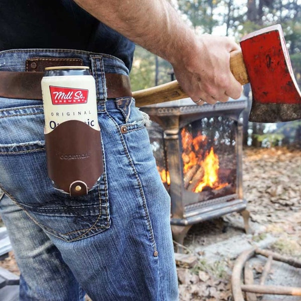 Fondina per birra in pelle per cintura - Porta cintura per birra in pelle fatta a mano per campeggio, pesca e caccia