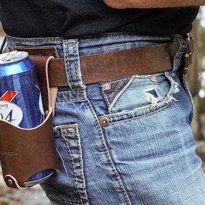 Leather Beer Holster for Your Belt Handmade Leather Beer Belt Holder for Camping, Fishing, and Hunting image 2