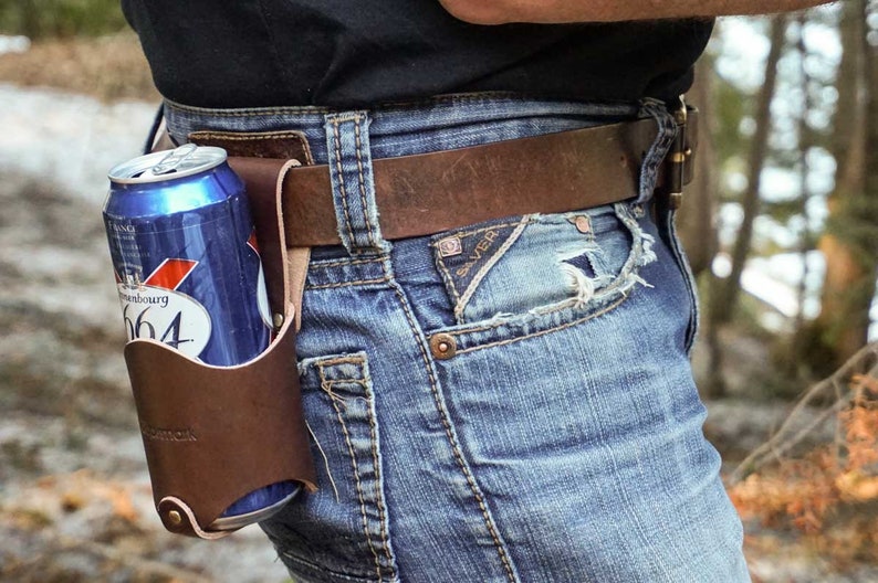 Leather Beer Holster for Your Belt Handmade Leather Beer Belt Holder for Camping, Fishing, and Hunting image 2