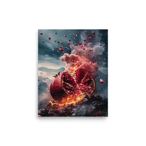 Arte murale con esplosione di melograno – Stampa giclée / Poster di cibo surreale / Decorazione da cucina / Opera d'arte di frutta audace