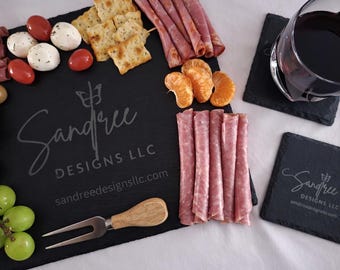 Personalized Business Slate Charcuterie Board and Coaster Set, Custom Engraved