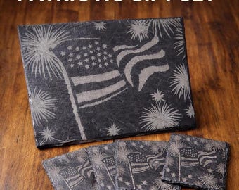 Patriotic Charcuterie Board Set, Engraved Slate American Flag, 4th of July Gift