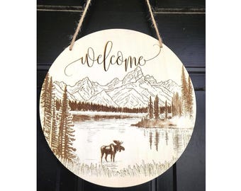 Custom Engraved Wooden Welcome Sign, Floral Door Hanger