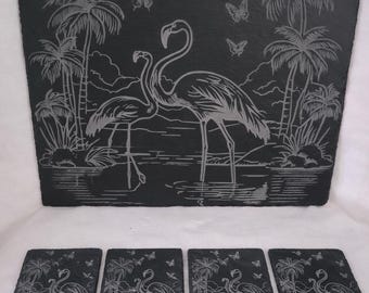 Engraved Flamingo Slate Charcuterie Board and Coaster Set