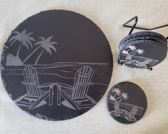 Engraved Slate Charcuterie Board and Coaster Set, Beach Scene