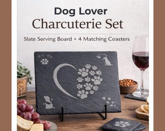 Dog Lover Charcuterie Board Set – Engraved Slate Serving Board with Matching Paw Coasters