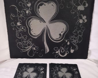 Engraved Shamrock Slate Charcuterie Board, St Patrick's Day Coaster Set