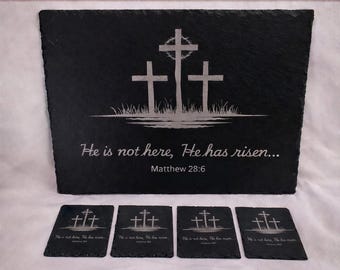 Christian Slate Charcuterie Board, Religious Coaster Set, Engraved Easter Decor