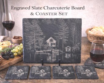 Custom Photo Engraved Slate Charcuterie Board and Coaster Set