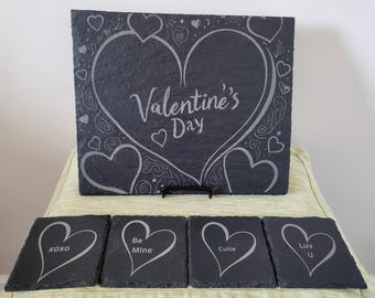 Engraved Slate Charcuterie Board with Slate Heart Coasters, Valentine's Day Serving Set