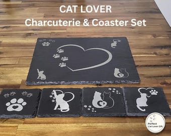 Cat Lover Slate Charcuterie Board Set, Engraved Cheese Board & Coasters Gift