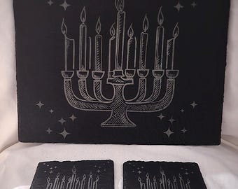 Menorah Slate Charcuterie Board, Stone Hanukkah Coaster Set