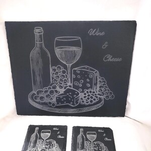 Wine and Cheese Slate Charcuterie Board and Coaster Set, Wine Party Coasters Set, Square Engraved Coaster, Wine Lover Gift