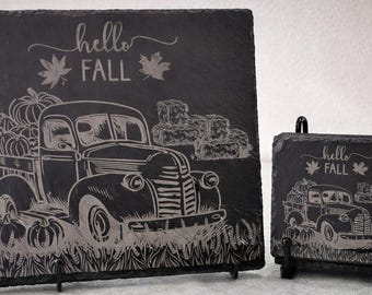 Engraved Slate Charcuterie Board and Coaster Set, Fall Decor