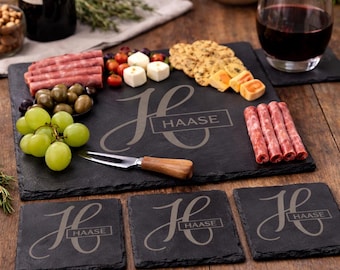 Personalized Slate Charcuterie Board and Coaster Set, Engraved Serving Tray