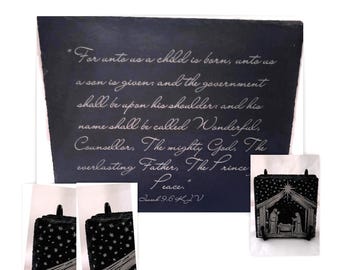 Engraved Slate Christmas Charcuterie Board and Nativity Slate Coaster Set