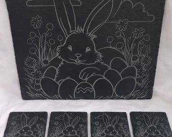Engraved Bunny Slate Charcuterie Board, Coasters Set, Easter Decor
