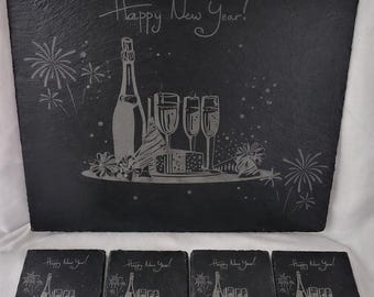 New Year Slate Charcuterie Board & Coaster Set, Engraved Serving Board