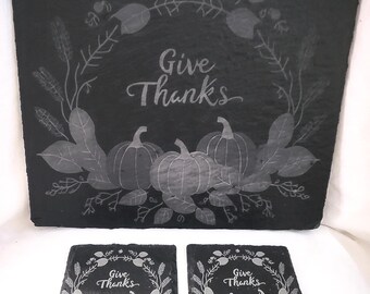 Engraved Slate Thanksgiving Charcuterie Board and Coaster Set
