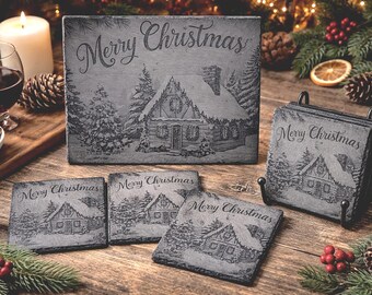 Engraved Slate Charcuterie Board and Slate Coaster Set, Winter Snow Scene