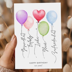 Tarjetas de cumpleaños con globos para imprimir – 4 tarjetas de acuarela + 2 tarjetas electrónicas – Feliz cumpleaños y felicitaciones – Descarga digital en PDF