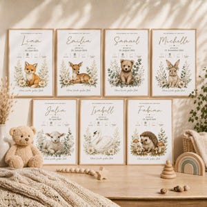 Könnte beinhalten: Sieben rechteckige Wandbilder mit Illustrationen von Fuchs, Reh, Bär, Hase, Lamm, Schwan und Igel. Jedes Bild enthält den Text Willkommen auf der Welt, einen Namen, ein Geburtsdatum sowie Symbole für Uhrzeit, Gewicht und Körpergröße.
